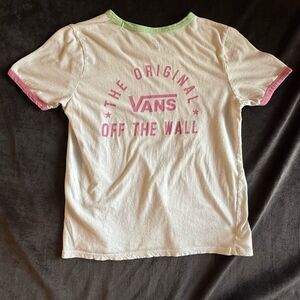 Vintage Vans Womens‎ Graphic Ringer T Shirt Size M White Pink Skate Retro Y2K